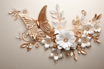 Obraz na płótnie Canvas Elegant 3D floral jewelry with a butterfly on a luxurious wall backdrop. Generative AI