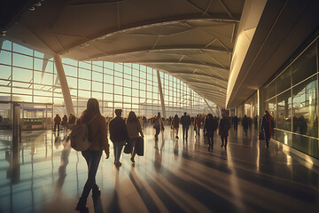 Passengers walking in the airport terminal with bags, simplicity, sharp focus, sharp back.