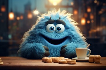 Blue monster eating cookies on rustic table with coffee cup, bakery bokeh background. Generative AI
