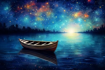 abstract night dream with starry sky, boat, sea, lake reflecting milky way, universe, stars, planets. Generative AI