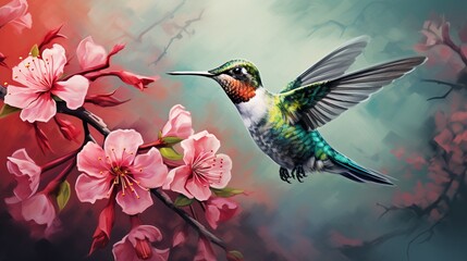 A close-up of a hummingbird suspended mid-flight, sipping nectar from a vibrant blossom 