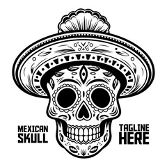 Black & white skull, Mexican sombrero. Hand-drawn calavera. Logo, label, tee - PNG, Transparent Background