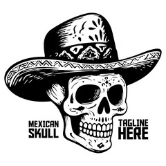Black & white skull, Mexican sombrero. Hand-drawn calavera. Logo, label, badge, sign, brand, poster, tee design - PNG, Transparent Background
