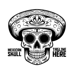 Vector skull, Mexican hat design. Hand-drawn calavera. Emblem, brand mark, poster - PNG, Transparent Background