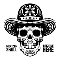  Monochromatic skull with Mexican hat vector illustration. Hand-drawn Mexican calavera. Design element for logo, label, emblem, sign, brand mark, poster, t-shirt print - PNG, Transparent Background