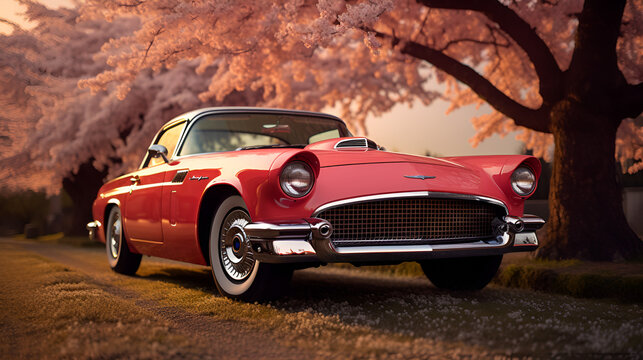 1957 Ford Thunderbird on a road surrounded by Cherry Blossom Trees on an Evening