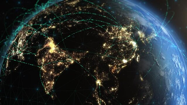 Bright Connections Forming a Network Over Asia. Animations Representing Satellite, Mobile and Technological Signals. Global Telecommunication, Big Data. Realistic Planet Earth with City Lights.