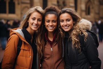 Obraz premium Multiethnic Young friends smiling at camera. AI Generated.