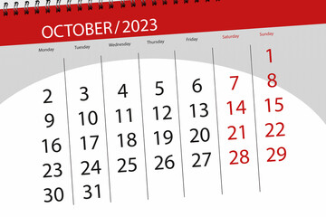 Calendar 2023, deadline, day, month, page, organizer, date, October