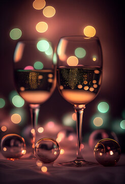 Christmas glasses of champagne close-up against the background of lights. AI Generated