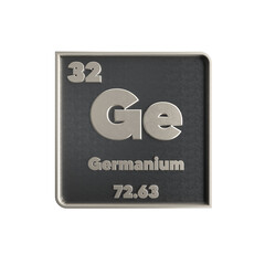 Germanium chemical element black and metal icon with atomic mass and atomic number. 3d render illustration.