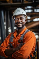 Smiling oil rig worker. AI Generated.