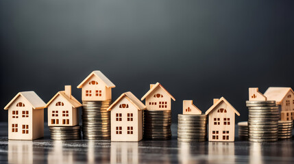 A wooden house model stacked together with coins. Concept of property management, home, Invesment and Risk Management.Real estate business.
