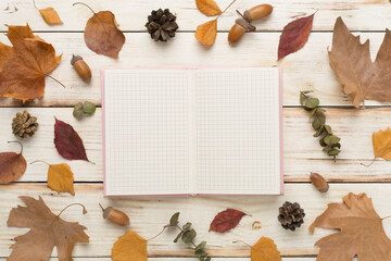 Autumn leaves with notebook on wooden background, top view