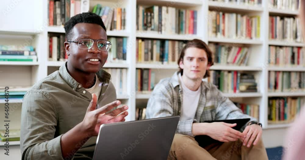 Aufkleber Library, study laptop and student group with conversation and book planning for college project. People, talking and communication for learning and studying for exam with friends for university class