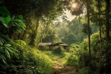 Lush forest, green trees, Mawlynnong, Meghalaya, India. Beautiful village with cleanliness. Limited sunlight filters through the jungle. Generative AI