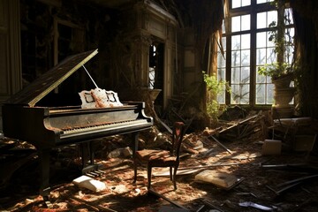 An room with a damaged piano at the center. Generative AI