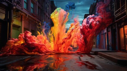 A dull city street brought to life by the sudden eruption of chromatic energy from a thrown...