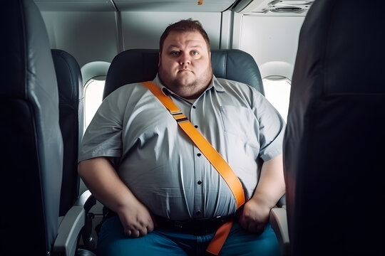 Problem of Fat obese Man passenger fastening Seat belt on airplane. Generation AI.