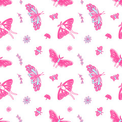 Vector seamless pattern with butterflies, daisy flowers, leaves in blue and pink colors. Nostalgia for the 2000 years. Y2k style.