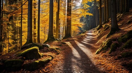 Colorful autumn forest pathway backgrounds.