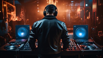 Young male DJ in leather black jacket plying music with neon light effect on stage, back view .