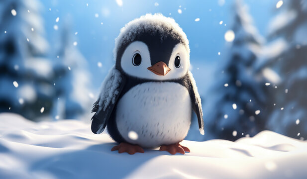 Funny cartoon of baby penguin in the snow. AI generated