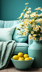 Living room decoration in turquoise and yellow tones. Minimalist concept. AI generated