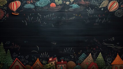 Doodle of a town on a dark wooden background,  wallpaper with copy space for text
