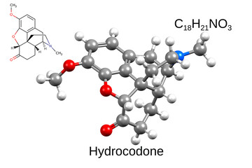 Chemical formula, structural formula and 3D ball-and-stick model of opioid hydrocodone
