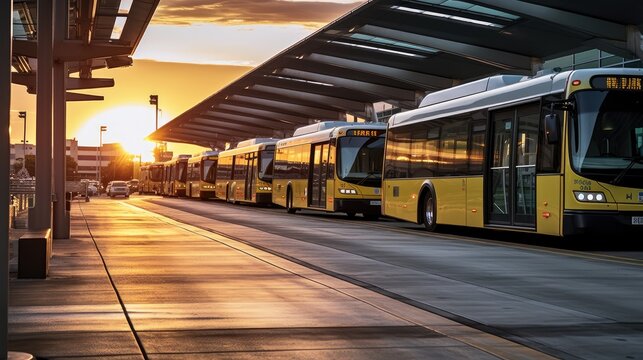 buses parked in a row at a transit hub.Suitable for urban planning publications, transportation infrastructure reports, and travel guides." commercial photography