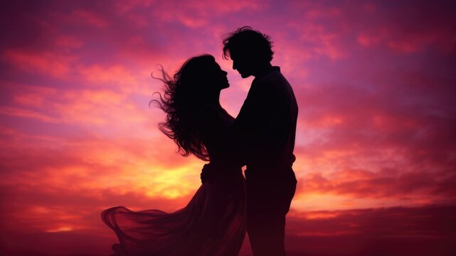 Silhouette of romantic couple at sunset, happy anniversary wallpaper with copy space for text