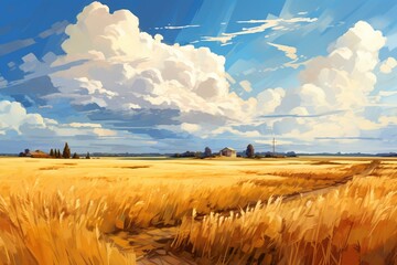 Illustration of a wheat-filled farmland in a rural area, depicted with a wide brush in a digital painting. Generative AI