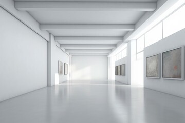 Empty gallery with white wall mockup. Sunny modern museum. Big stand mockup with contemporary art exhibitions. Wide banner exposition template. Generative AI