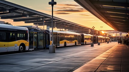 buses parked in a row at a transit hub.Suitable for urban planning publications, transportation infrastructure reports, and travel guides.