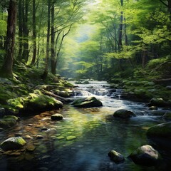 A gentle stream winding through a peaceful forest, creating a sense of serenity. 