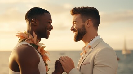 Handsome gay couple exchange rings and doing the wedding ceremony at a beach, men in love. - obrazy, fototapety, plakaty