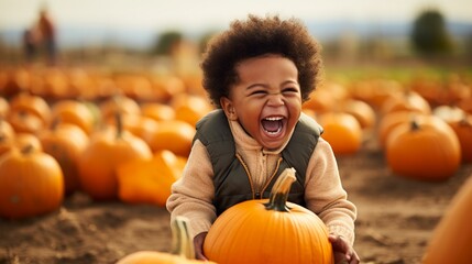 Happy little African American boy in a pumpkin patch in autumn, Halloween season events, with copy space. - obrazy, fototapety, plakaty