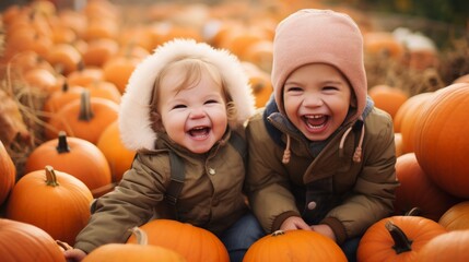Happy little girl and her brother in a pumpkin patch in autumn, Halloween season events, with copy space.