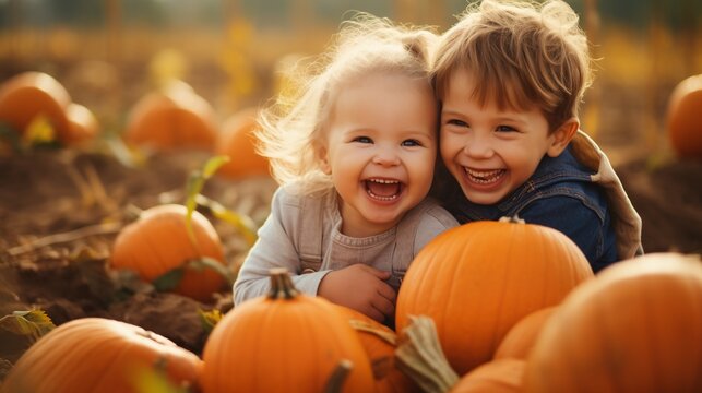 Happy little girl and her brother in a pumpkin patch in autumn, Halloween season events, with copy space.