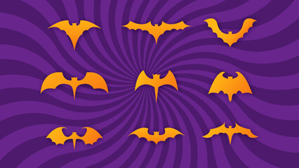 Halloween set of silhouette bats in orange and yellow colors with dark spooky gradient background. Vector Icons.