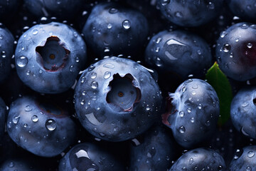 Close up photography of delicious juicy sweet forest blueberries with water droplets generative AI concept