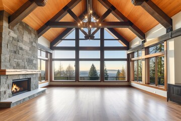 Exquisite living room in upscale house with fireplace, lofty ceilings, wood beams, and large windows framing scenic views. Generative AI
