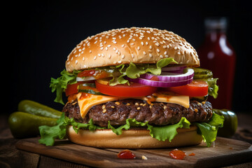 Big fastfood tasty restaurant burger hamburger cheeseburger Generative AI picture