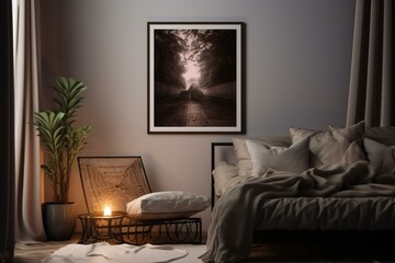 A mockup of a poster frame situated in a dimly lit bedroom with rattan furniture, rendered in 3D. Generative AI