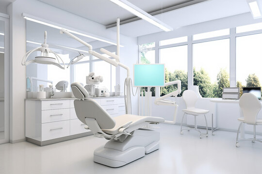 Generative AI picture of equipped dental clinic with a modern seat and tools dentist specialist concept