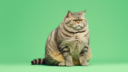 Overweight cat looking to side on green background, studio shot, concept of obesity, lose weight and indoor life, with copy space.