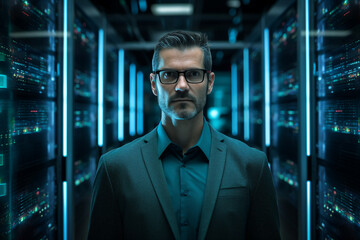 Generative ai collage image photo of professional it specialist analyzing data warehouse room