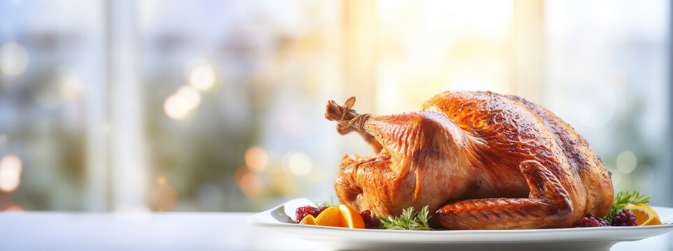 Thanksgiving Festive celebration roasted turkey on blurred bright home background, with copy space.