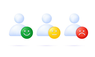 3D Person with emoticon. Feedback emotion scale illustration. Reviews with good and bad rating.